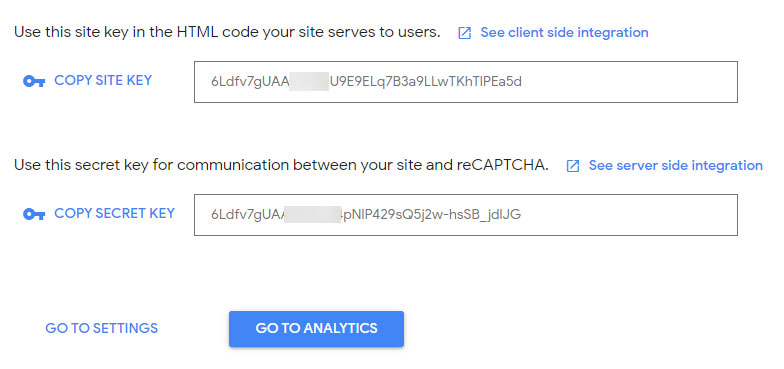 reCaptcha keys examples