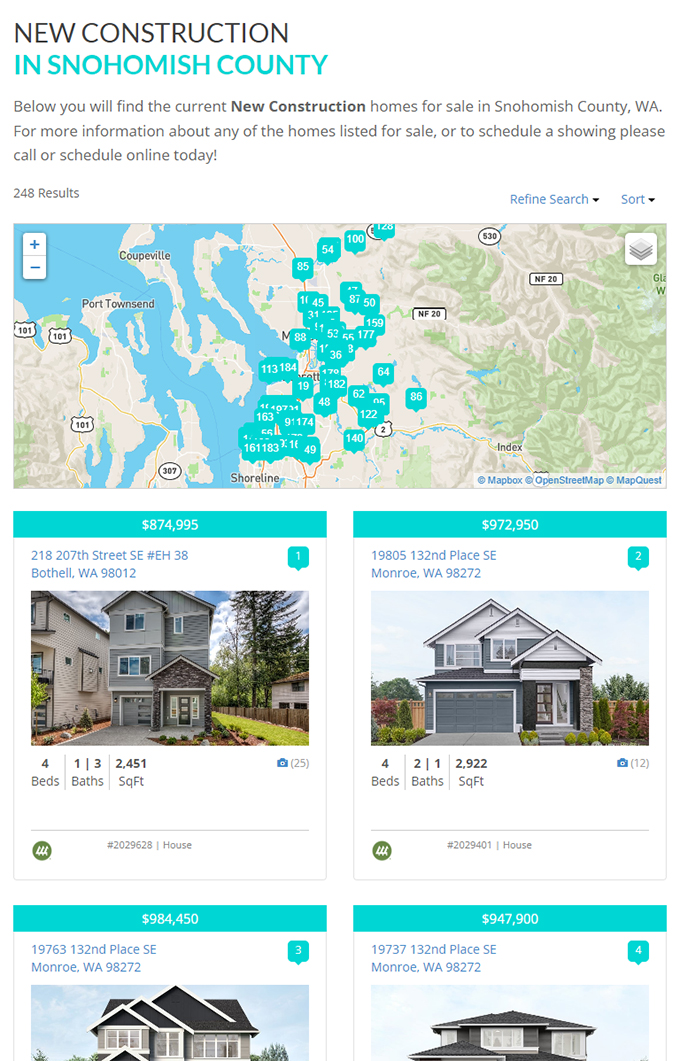 screen shot of IDX new construction listings