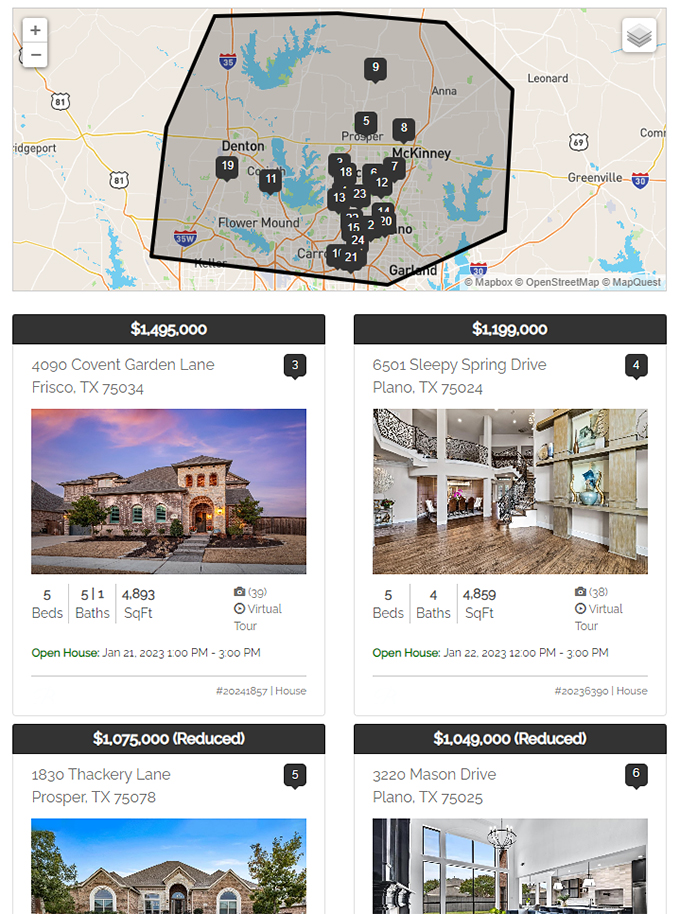 screenshot of open house listings