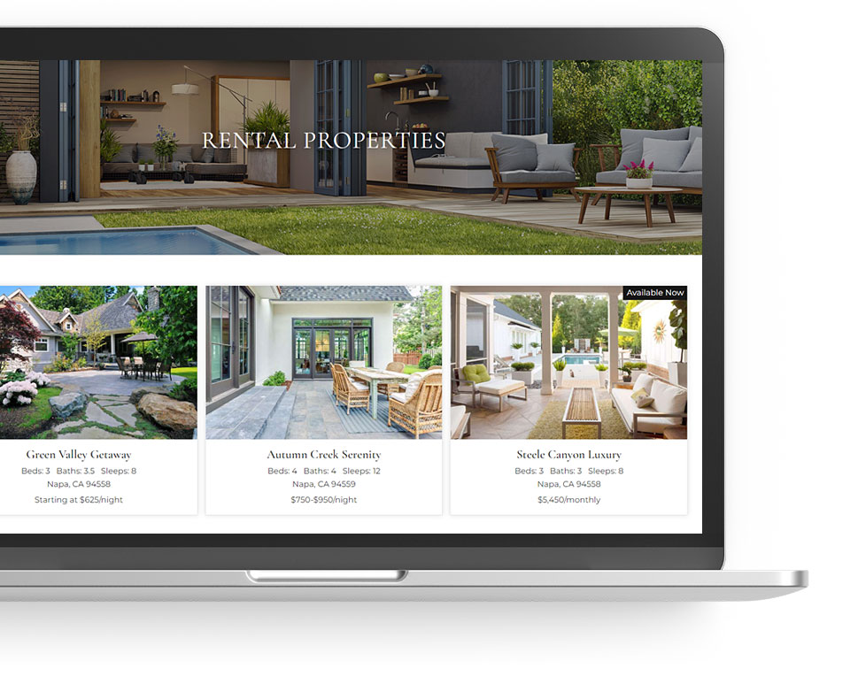 laptop with screen shot of three rental properties